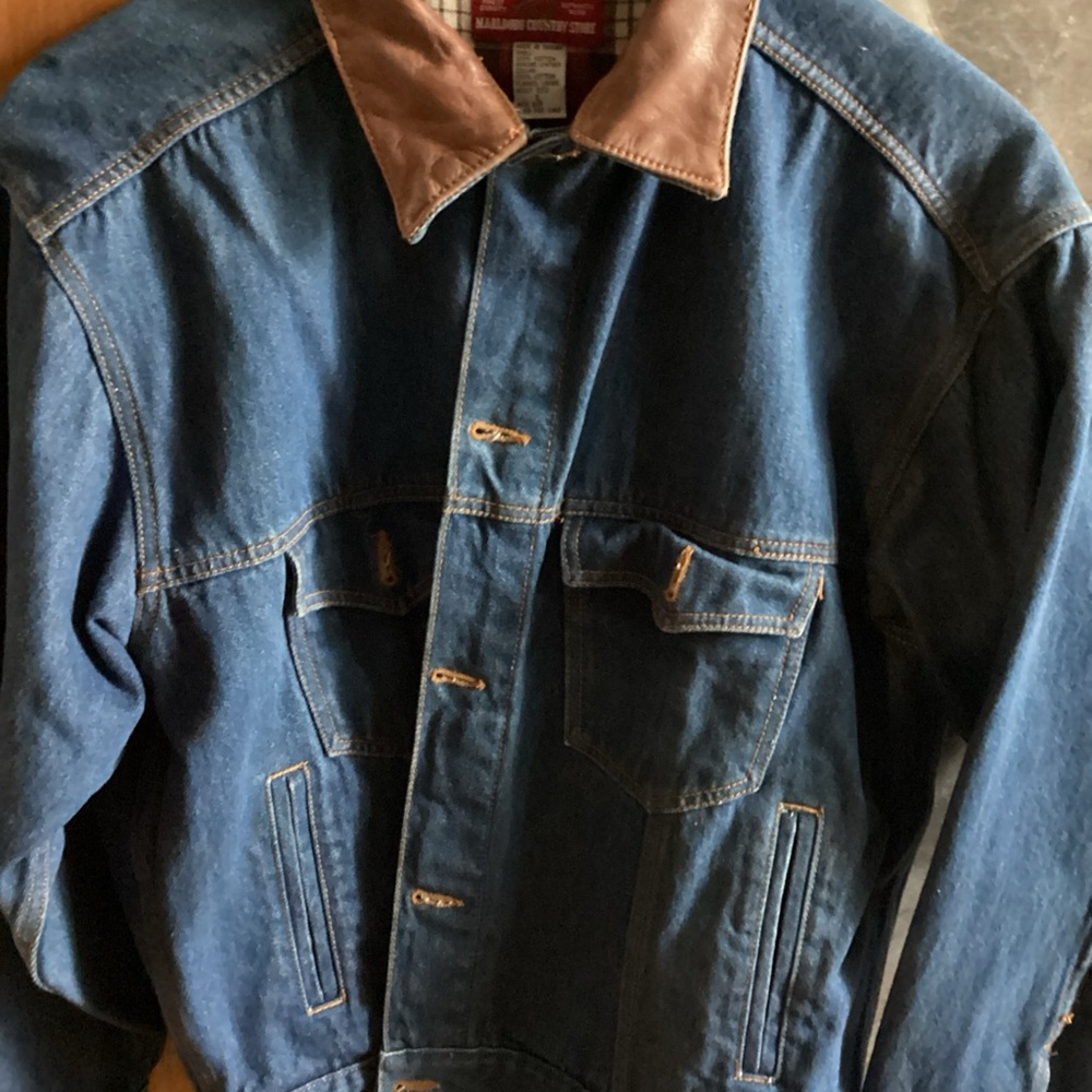 Men's Blue Denim Jacket with Brown Collar